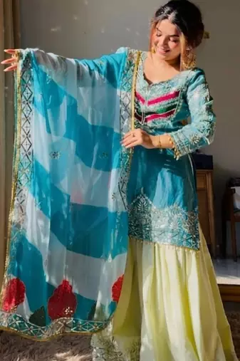 Aqua blue satin silk embroidered kurti gharara set with printed tebby dupatta