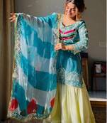 Aqua blue colour satin silk embroidered kurti gharara set with printed tebby dupatta