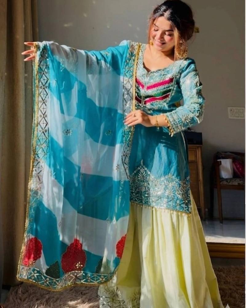 Aqua blue colour satin silk embroidered kurti gharara set with printed tebby dupatta