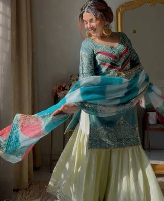 Aqua blue satin silk embroidered kurti gharara set with printed tebby dupatta 2