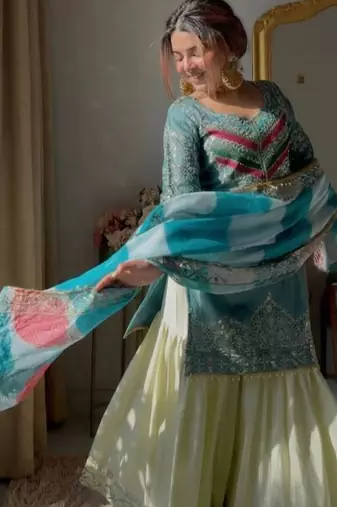 Aqua blue satin silk embroidered kurti gharara set with printed tebby dupatta