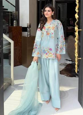 Sky blue crape silk sequin embroidery salwar suit set 1