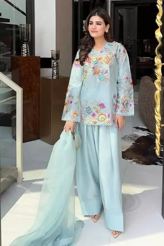 Sky blue crape silk sequin embroidery salwar suit set