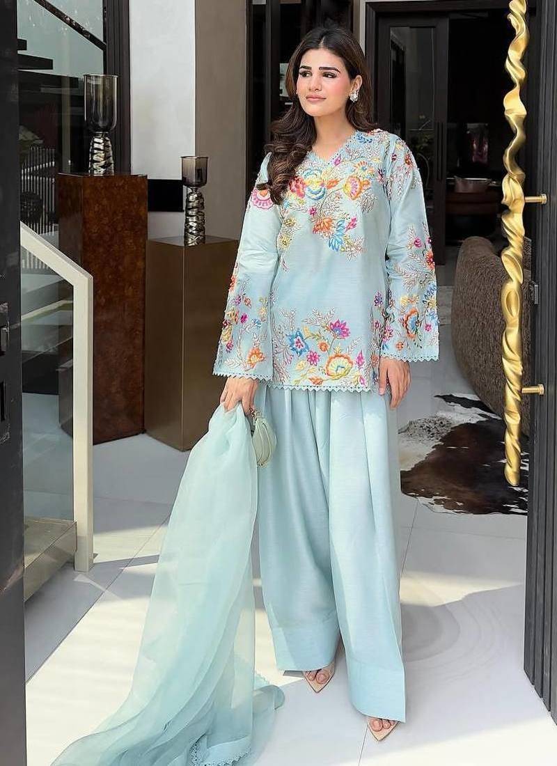 Sky blue crape silk sequin embroidery salwar suit set