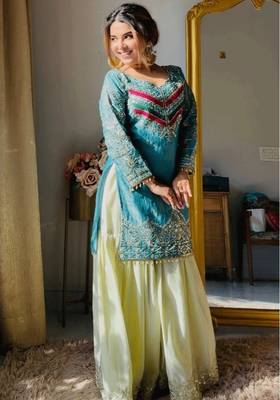 Aqua blue satin silk embroidered kurti gharara set with printed tebby dupatta 3