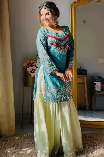 Aqua blue satin silk embroidered kurti gharara set with printed tebby dupatta