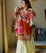 Orange colour satin silk embroidered kurti gharara set with printed tebby dupatta