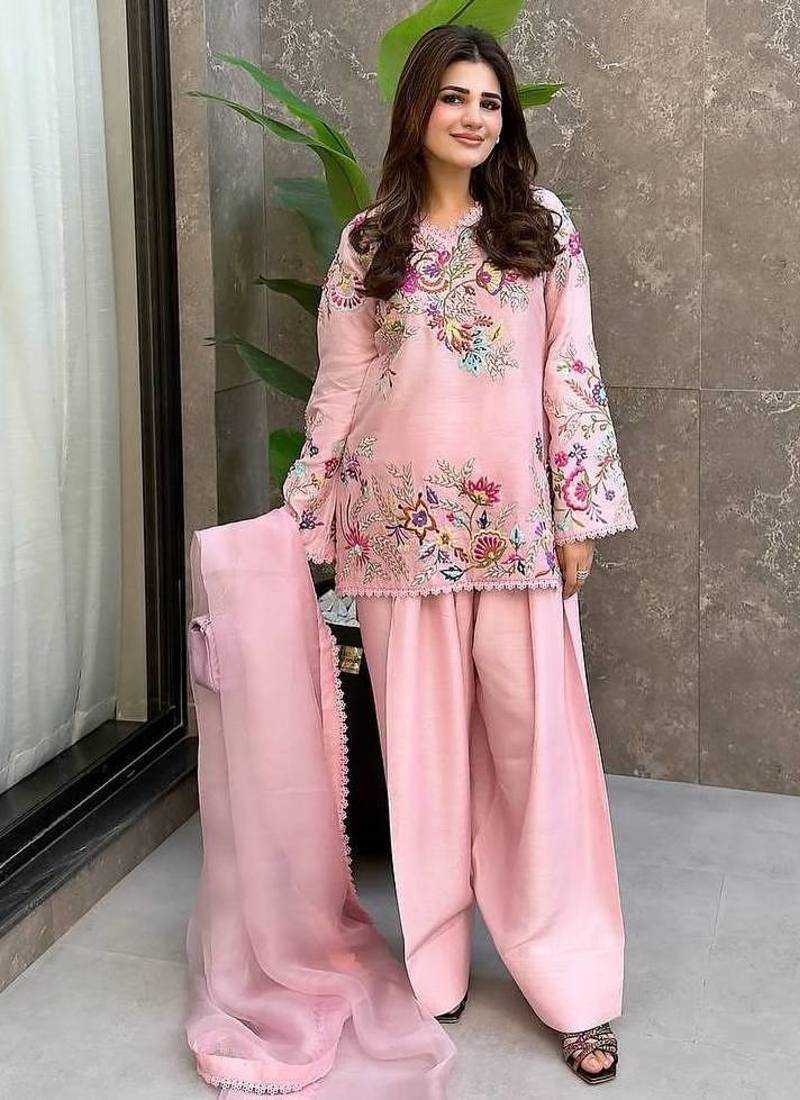 Pink crape silk sequin embroidery salwar suit set