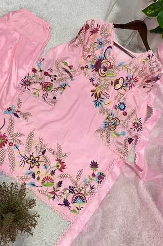 Pink crape silk sequin embroidery salwar suit set