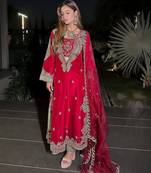 Red colour premium chinon embroidered kurti pant set with dupatta