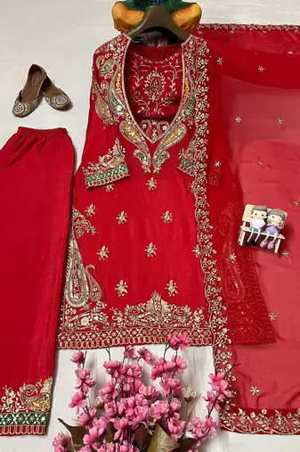 Red premium chinon embroidered kurti pant set with dupatta