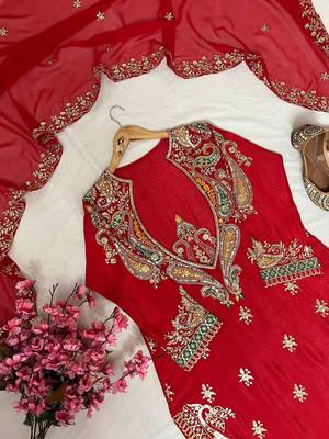 Red premium chinon embroidered kurti pant set with dupatta 3