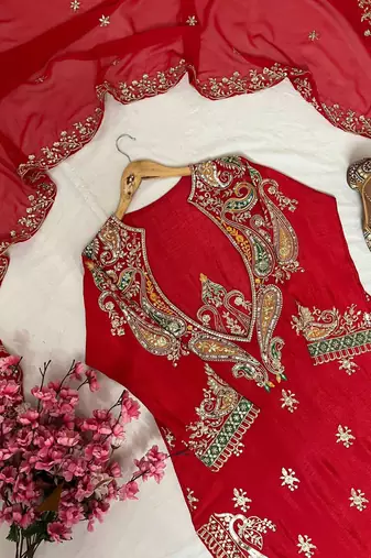 Red premium chinon embroidered kurti pant set with dupatta