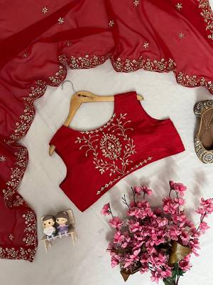 Red premium chinon embroidered kurti pant set with dupatta 4