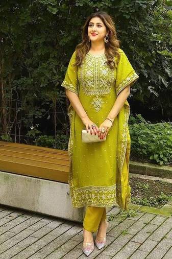 Green faux georgette embroidered kaftan pant set