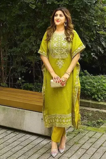 Green faux georgette embroidered kaftan pant set