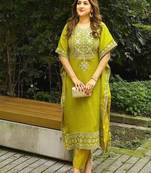 Green colour faux georgette embroidered kaftan pant set