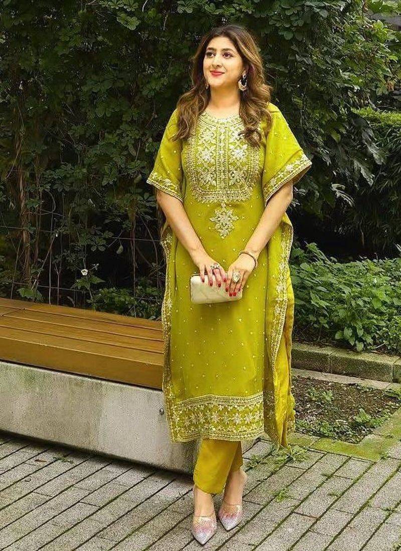 Green colour faux georgette embroidered kaftan pant set