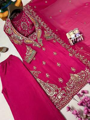 Pink premium chinon embroidered kurta suit set with dupatta 2