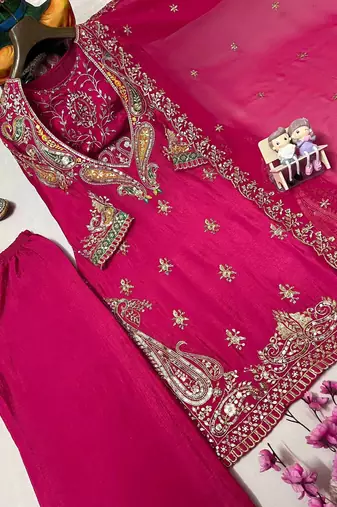 Pink premium chinon embroidered kurta suit set with dupatta