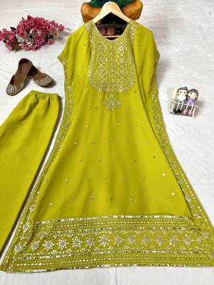 Green faux georgette embroidered kaftan pant set 2