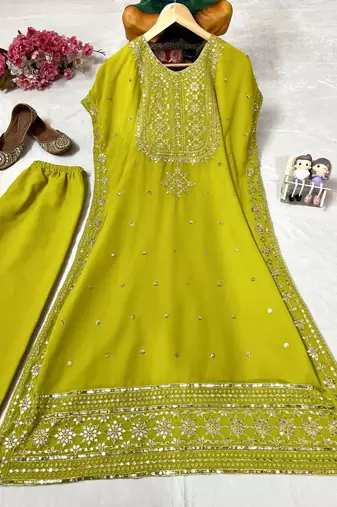 Green faux georgette embroidered kaftan pant set