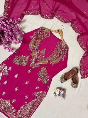 Pink premium chinon embroidered kurta suit set with dupatta 3