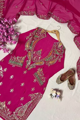 Pink premium chinon embroidered kurta suit set with dupatta