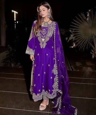 Purple premium chinon embroidered kurti pant set with dupatta 1
