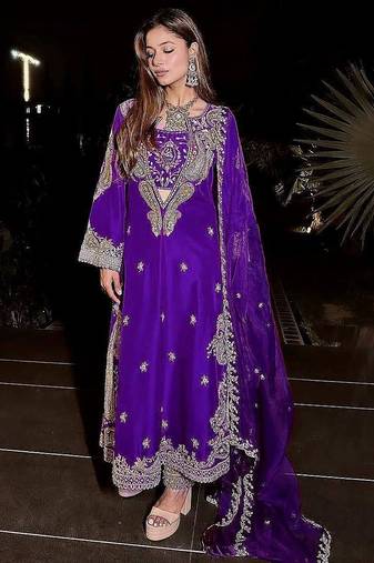 Purple premium chinon embroidered kurti pant set with dupatta