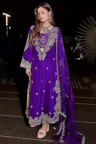 Purple premium chinon embroidered kurti pant set with dupatta