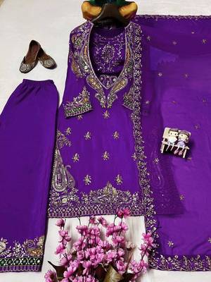Purple premium chinon embroidered kurti pant set with dupatta 2