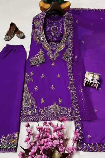 Purple premium chinon embroidered kurti pant set with dupatta