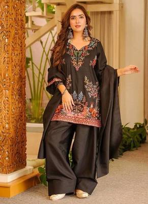 Black printed roman fabric salwar suit set with matching dupatta 1