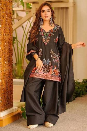 Black printed roman fabric salwar suit set with matching dupatta