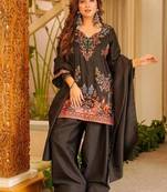Black printed roman fabric salwar suit set with matching dupatta