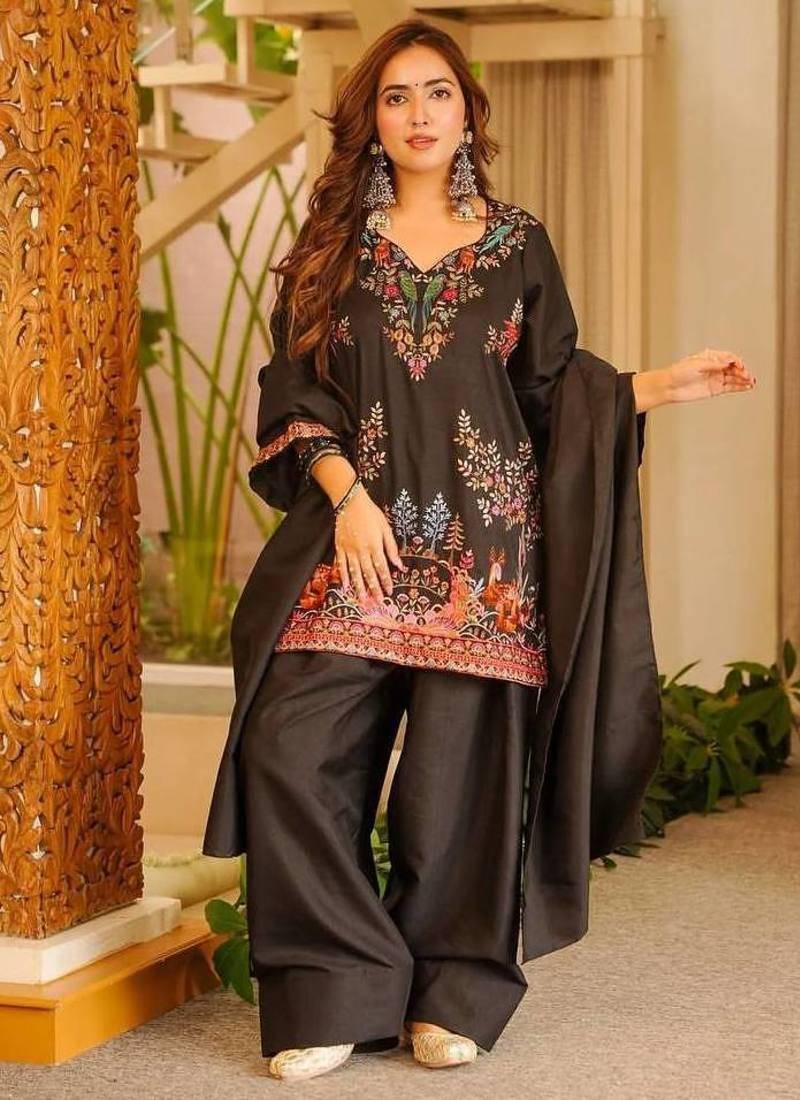 Black printed roman fabric salwar suit set with matching dupatta