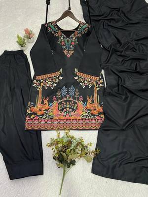 Black printed roman fabric salwar suit set with matching dupatta 2