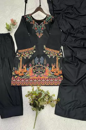 Black printed roman fabric salwar suit set with matching dupatta
