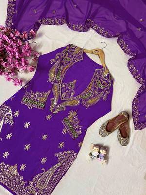 Purple premium chinon embroidered kurti pant set with dupatta 3