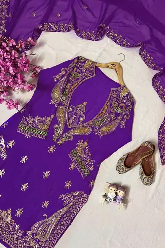 Purple premium chinon embroidered kurti pant set with dupatta