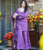 Lavender colour silk crepe embroidered kurti palazzo set with dupatta