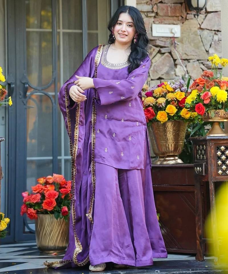 Lavender colour silk crepe embroidered kurti palazzo set with dupatta
