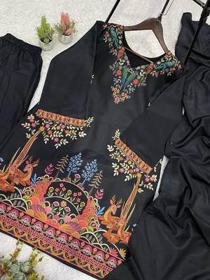 Black printed roman fabric salwar suit set with matching dupatta 3