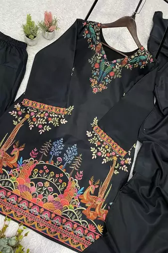 Black printed roman fabric salwar suit set with matching dupatta