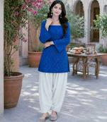 Blue colour bandhej print cotton top with farshi pant set