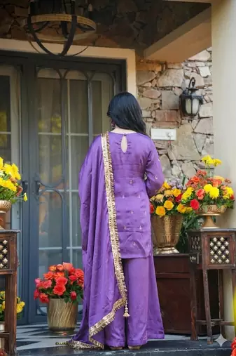 Lavender silk crepe embroidered kurti palazzo set with dupatta