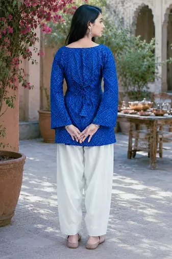 Blue bandhej print cotton top with farshi pant set