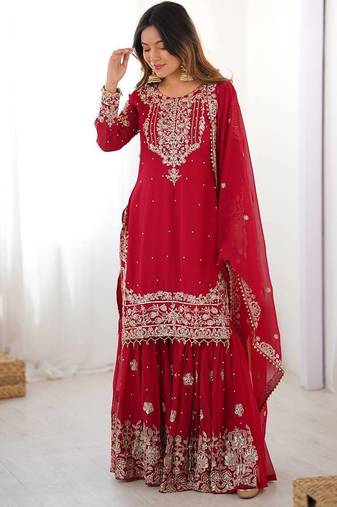 Red premium faux georgette embroidered sharara suit set