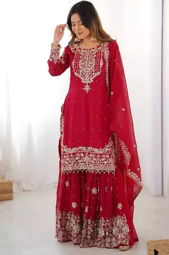 Red premium faux georgette embroidered sharara suit set